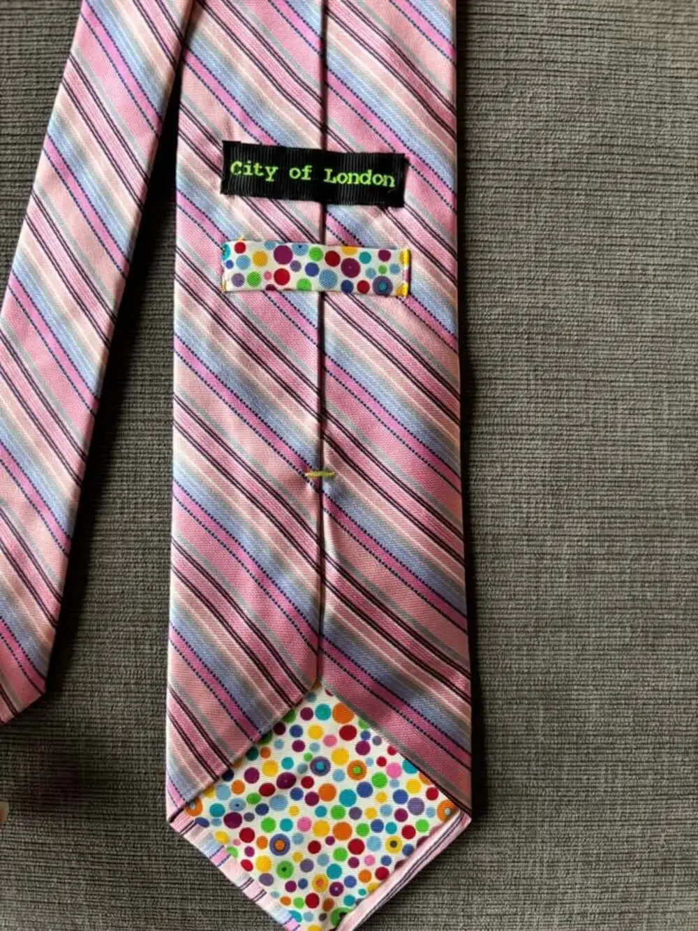 City of London Silk Tie Pastel Pink Blue Stripe Multicolor Polka Dot Lining